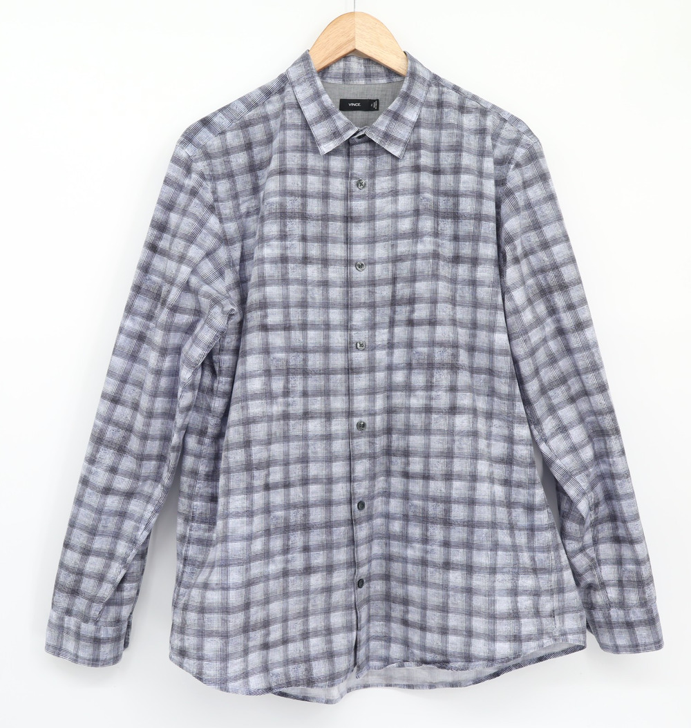 Vince XL Asphalt Plaid Double Faced Cotton Sport Shirt Blue/Grey Luxury